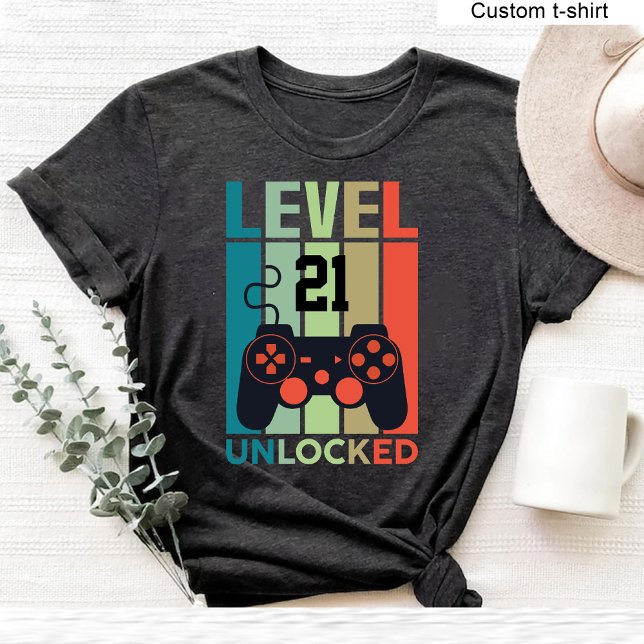 T-shirt Personnalisé Niveau 21 Déverrouillé Jeu vidéo 21e  (Custom Level 21 Unlocked Video Gamer 21st Birthday T-Shirt)
