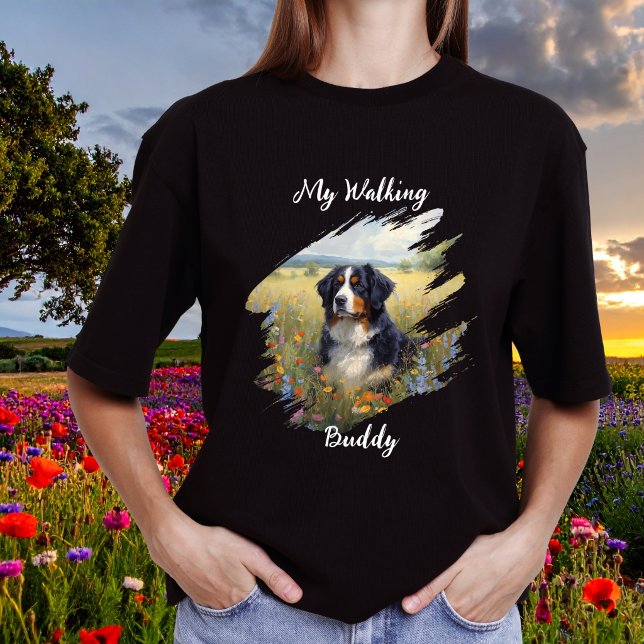 T-shirt Pet Bernese Walking Buddy Black Personalize (Elegant Bernese Mountain Dog shirt, personalize, edit the wording)
