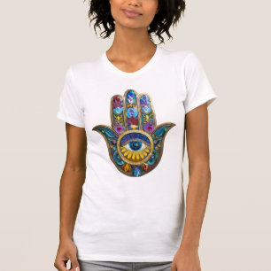 T-shirt Pétales Colorés Feuilles Hamsa Saphir Troisième Oe