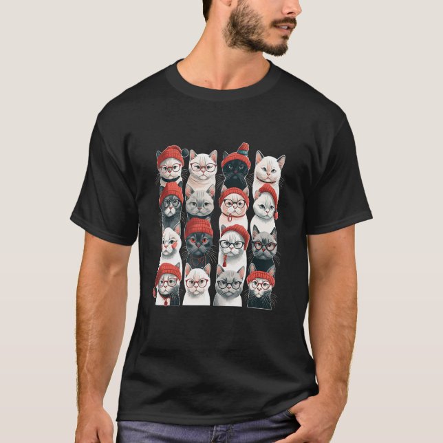 T-shirt Petit chat Noël Père Noël Chapeau animal Illustrat (Devant)