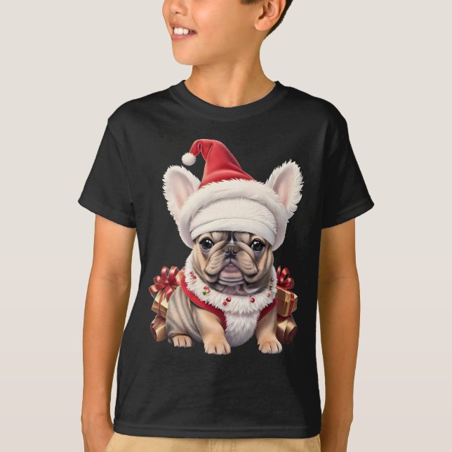 T-shirt Petit Chien à taureaux français Santa Hat Joyeux N (Devant)