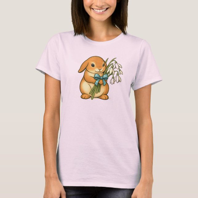 T-shirt Petit lapin beige adorables et bouquet blanc. (Devant)