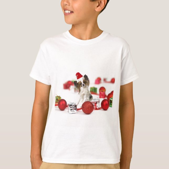 T-shirt Petit Papillon Chien Noël Santa Hat (Devant)