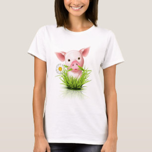 T-shirt Petit porc rose dans l'herbe