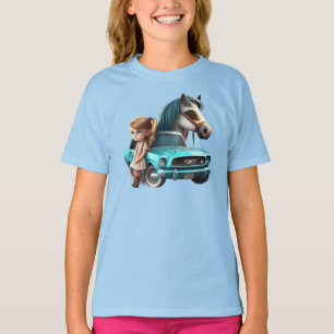 T-shirt Petite Fille Blonde Avec Mustang Voiture Pony Hors