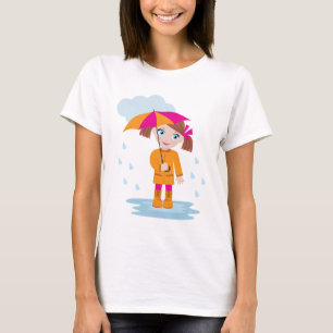T-shirt Petite Fille en Imperméable Orange avec Parapluie 