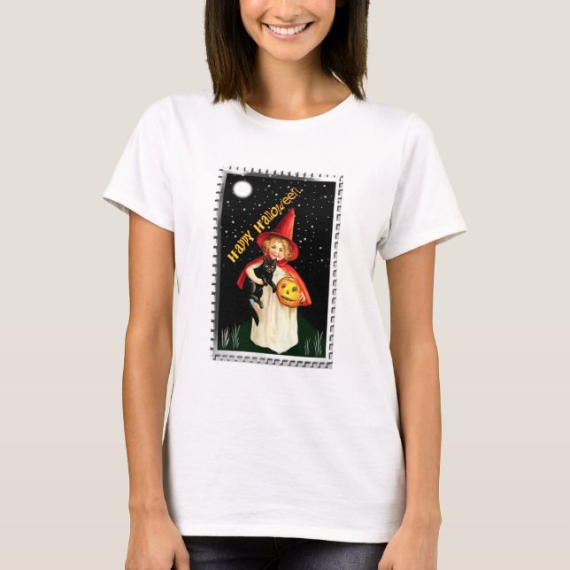 T-shirt Petite Fille Nostalgique, Citrouille et Chat (Devant)
