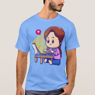 T-shirt Petite Fille Travaillant Sur Un Portable Cartoon