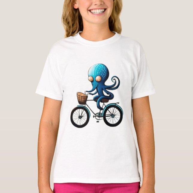 T-shirt Petite pieuvre bleue mignonne à vélo (Devant)