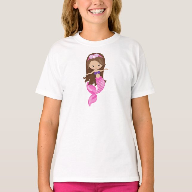T-shirt Petite Sirène, Mignonne Sirène, Cheveux Brown, Coq (Devant)