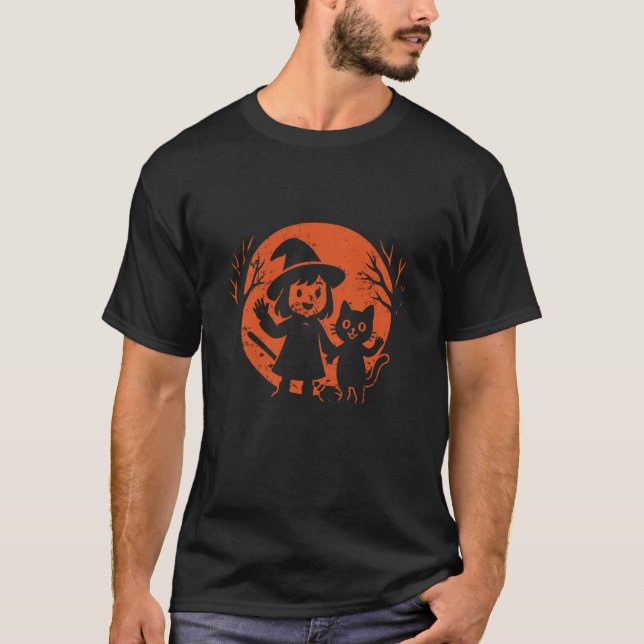T-shirt Petite Sorcière et Chat Halloween Lune (Devant)