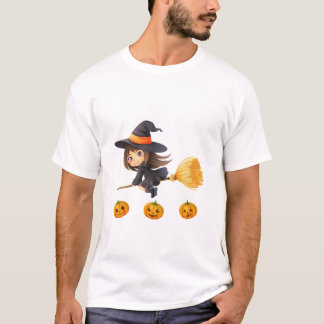 T-shirt Petite Sorcière Mignonne Volant sur un Balai Joyeu