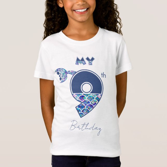 T-Shirt Petites filles de sirènes colorées 9e anniversaire (Devant)