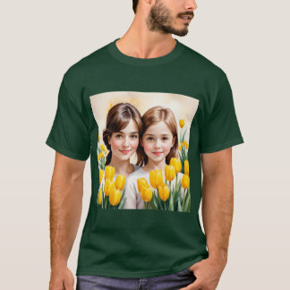T-shirt Petits enfants et mère avec une pinte fleurie