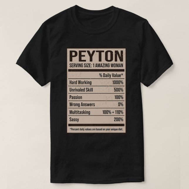 T-shirt Peyton Nutrition Facts Nom Nicks Alias Title F (Design devant)