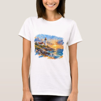 T-shirt Phare à l'aquarelle au coucher du soleil Art côtie