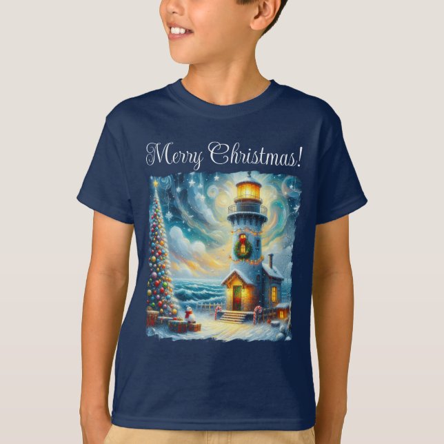 T-shirt Phare de Noël Arbre Nautique Bleu Côtier (Devant)