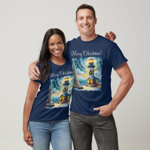T-shirt Phare de Noël Arbre Nautique Bleu Côtier