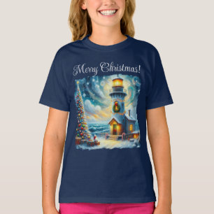 T-shirt Phare de Noël Arbre Nautique Bleu Côtier