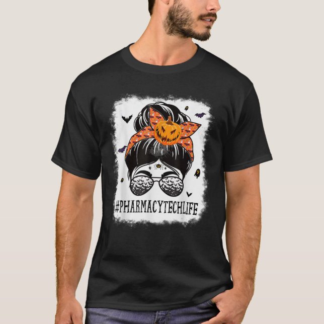 T-shirt Pharmacie Tech Messy Bun Citrouille Éffrayant Hall (Devant)