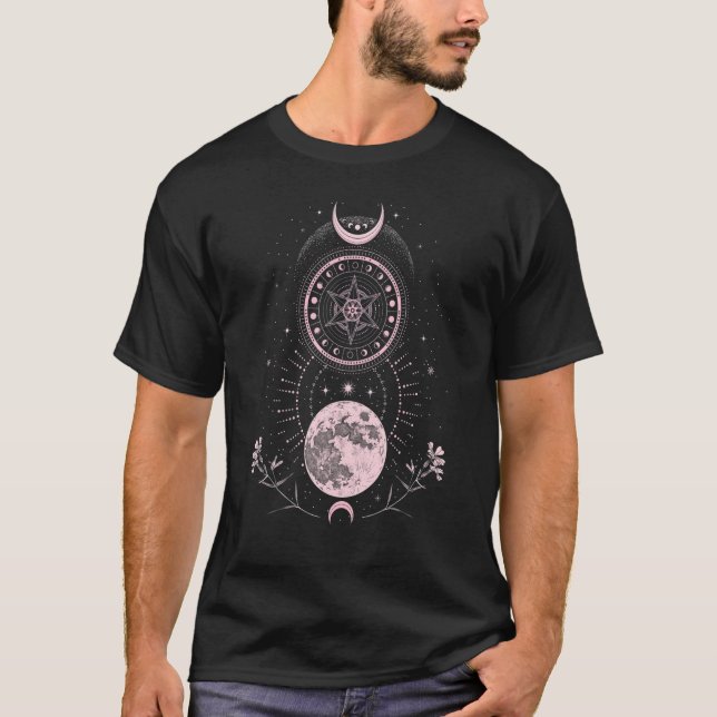 T-shirt Phases de la lune de croissant Boho rose (Devant)