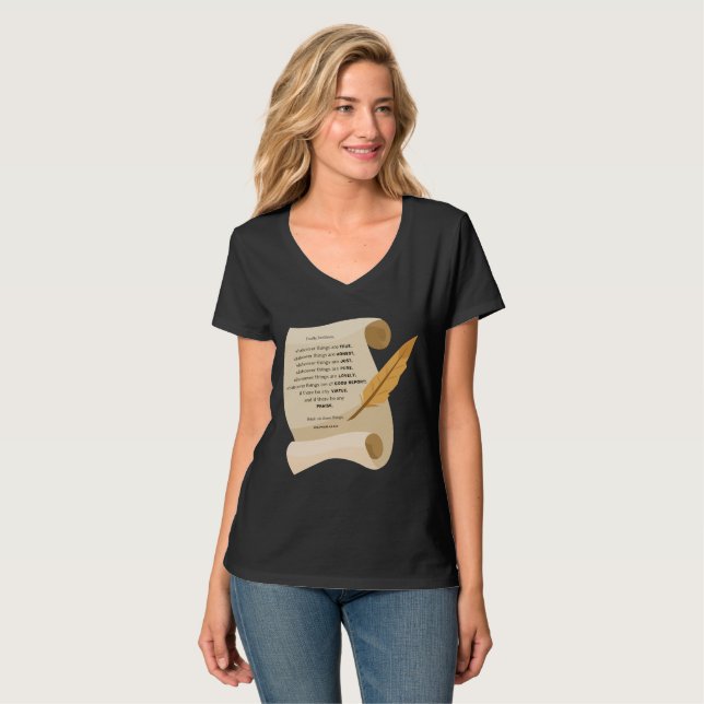 T-shirt Philippiens 4:8 Bible Citation Scroll Womens V-Cou (Devant entier)