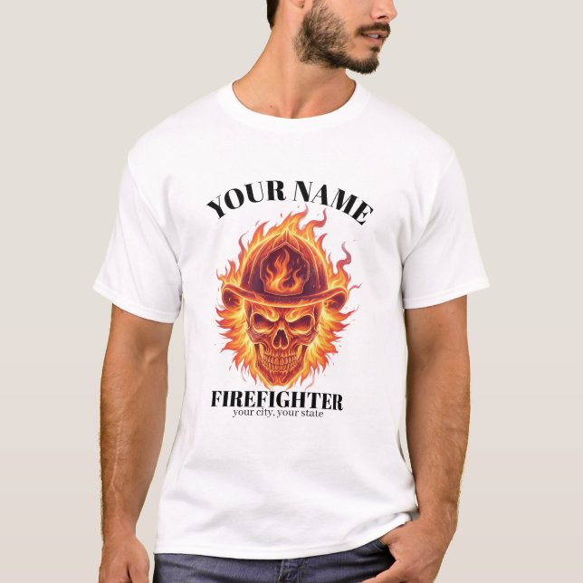 T-shirt Phoenix de Flamme de Crâne de Sapeur-Pompier Perso (Devant)