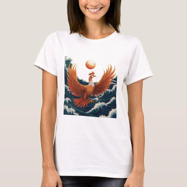 T-shirt Phoenix Wave Art - Ukiyo-e Sunset Design (Devant)