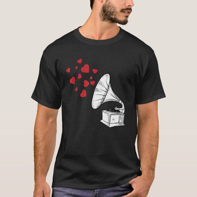 T-shirt Phonograph Heart Notes Valentines Day Cute Music L (Devant)