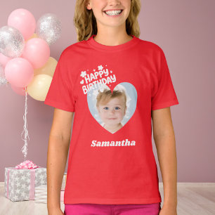 T-shirt Photo cœur nom anniversaire fille rouge