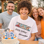 T-shirt Photo collage film name birthday guy<br><div class="desc">For a white/light colored t-shirt. Personalize and add a name and 3 photos inside the film roll frame. Black text.</div>