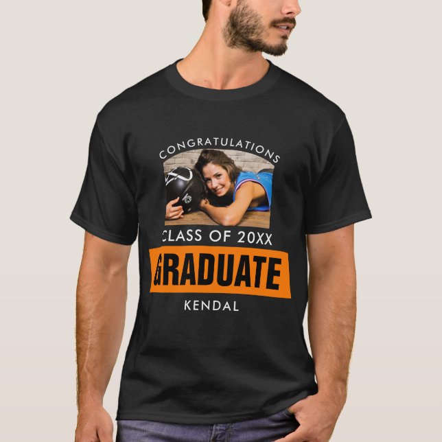 T-shirt Photo de graduation noir et orange personnalisée (Devant)