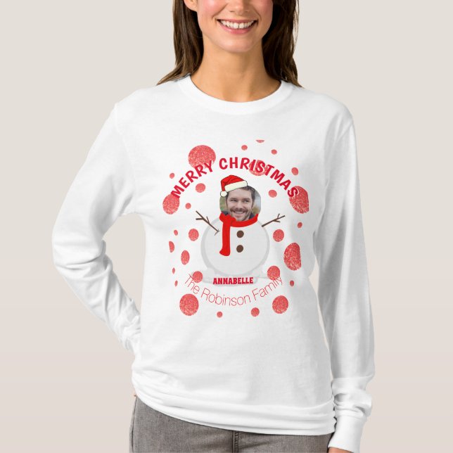 T-shirt Photo Face Rouge Moderne Snowman Famille Amusante  (Devant)