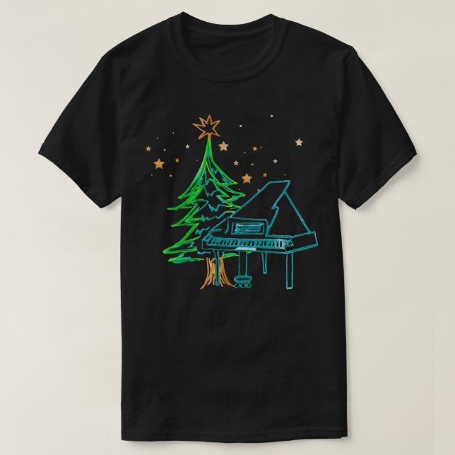 T-shirt Piano et arbre de Noël avec étoiles (Design devant)