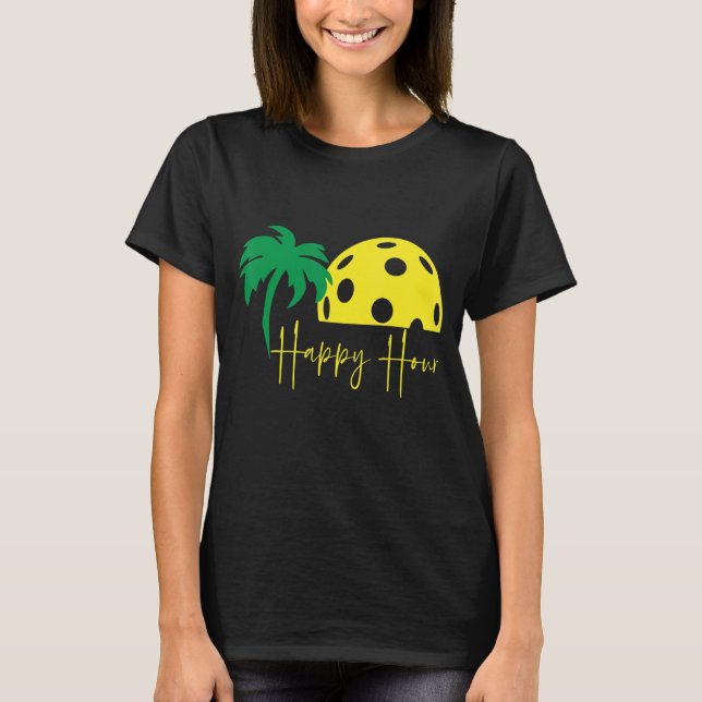 T-shirt Pickleball HAPPY HOUR Huge Sunset Palm Tree (Devant)