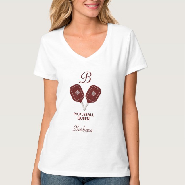 T-shirt Pickleball Queen Paddles Nom Monogram Floral (Devant)