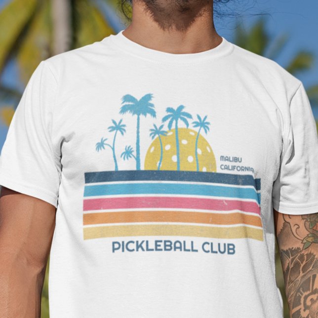 T-shirt Pickleball Sunset Cool Retro Stripes Texte personn (Customize with your club or team name)