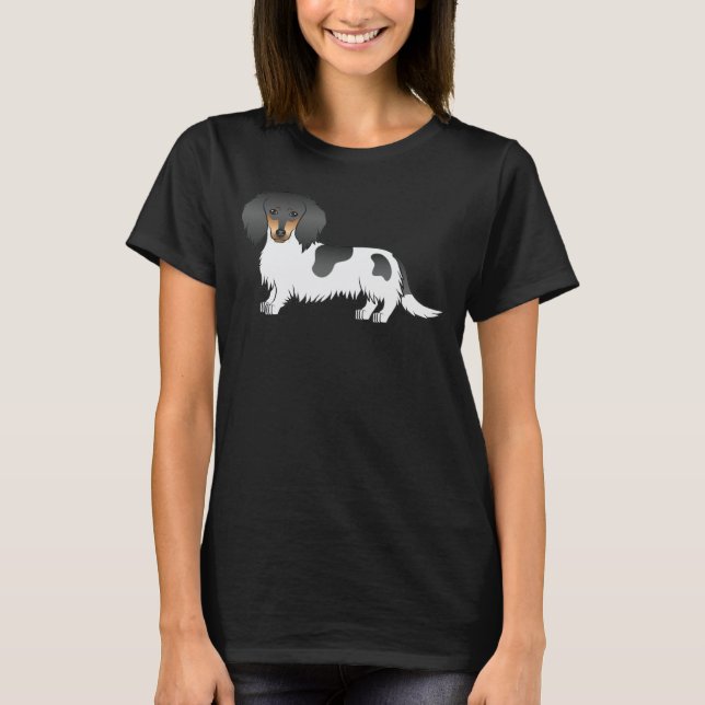 T-shirt Piebald Noir Et Tan Cheveux Long Chien Dachshund (Devant)