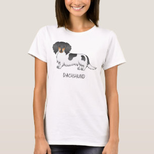 T-shirt Piebald Noir Et Tan Cheveux Long Dachshund Et Text
