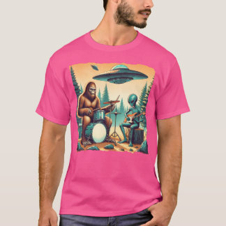 T-shirt Pied Avec Tambour Et Alien Jouant À Guit Électriqu
