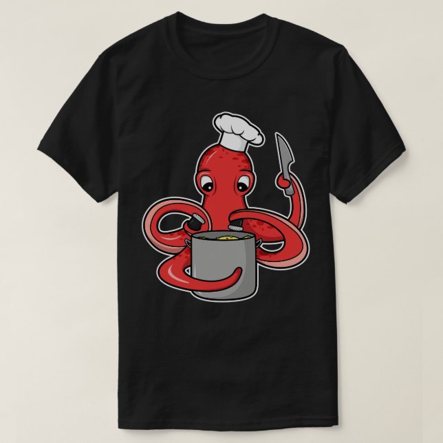T-shirt Pieuvre comme cuisinier avec couteau de casserole (Design devant)