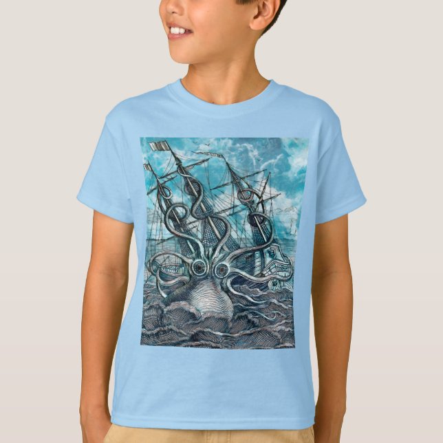 T-shirt Pieuvre géante Mer Bleue Monstre Voilier (Devant)