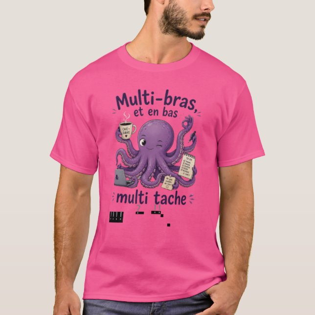 T-shirt Pieuvre Mauve Multi-bras & Multi-tâche – café (Devant)