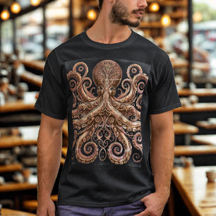 T-shirt Pieuvre Steampunk Kraken Orné Or et Noir