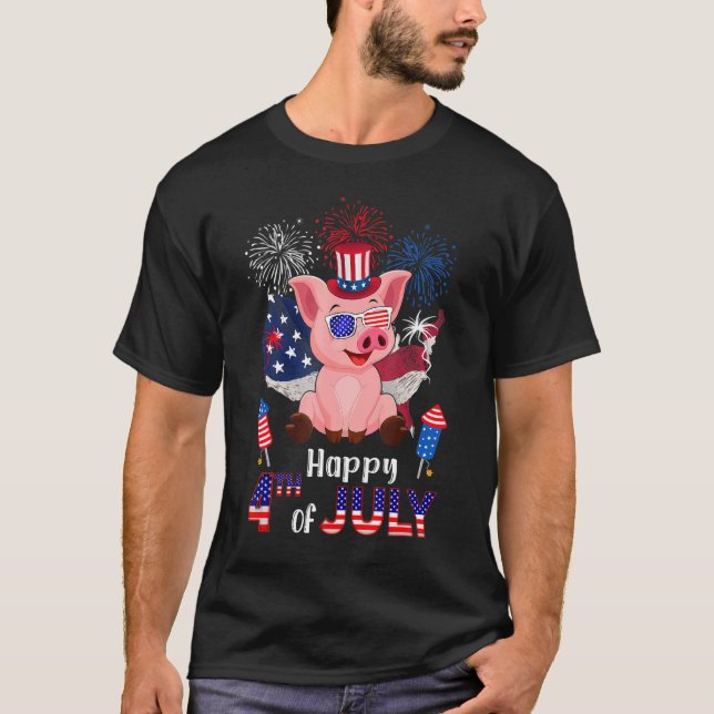 T-shirt Pig Fier Drapeau Américain Feu D'Oeuvre Heureux 4è (Devant)