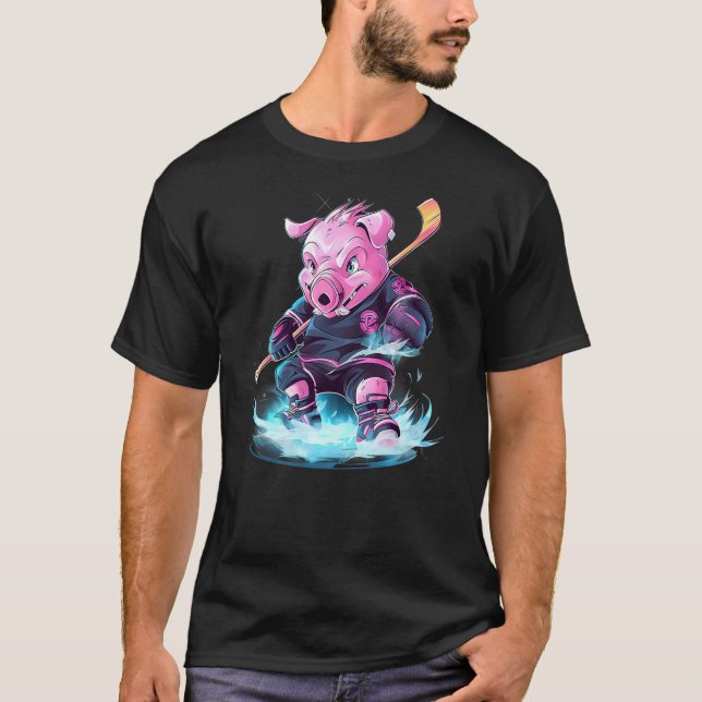 T-shirt Pig Ice Hockey Player Hockey Stick Goalie (Devant)