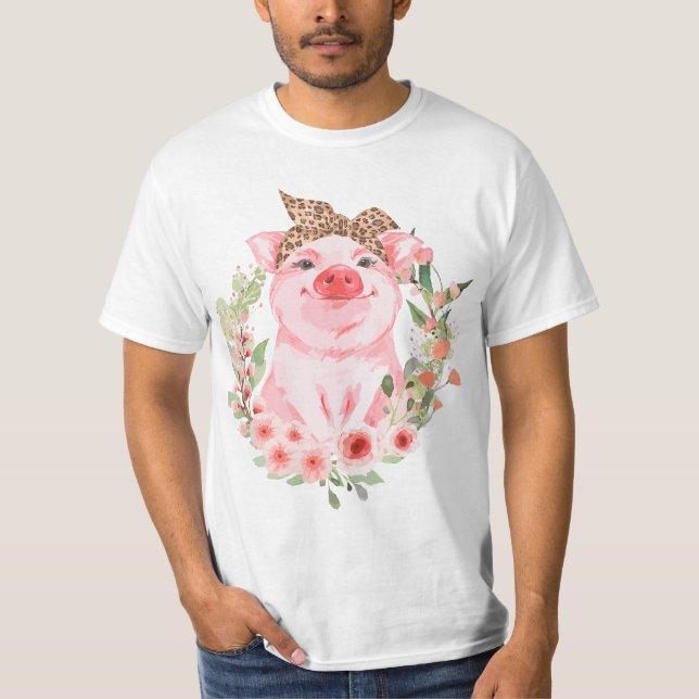 T-shirt Pig With Leopard Headband Flower T Cute Pig Lover  (Devant)