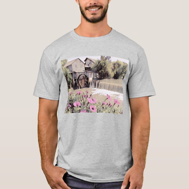 T-shirt Pigeon Forge Old Mill aquarelle avec fleurs (Devant)