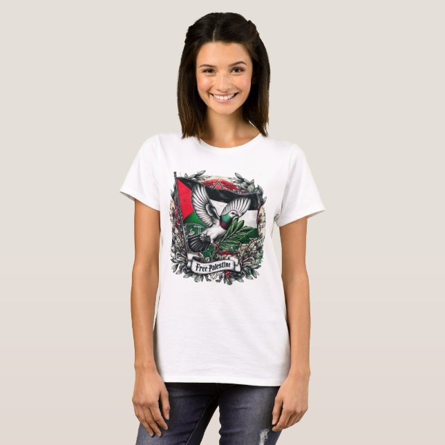 T-shirt Pigeon tenant la feuille d'olive libre Palestine D (Devant entier)