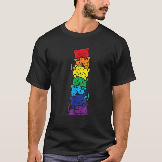 T-shirt Pile de chat arc-en-ciel Gay pride mou Lgbt Animal (Devant)